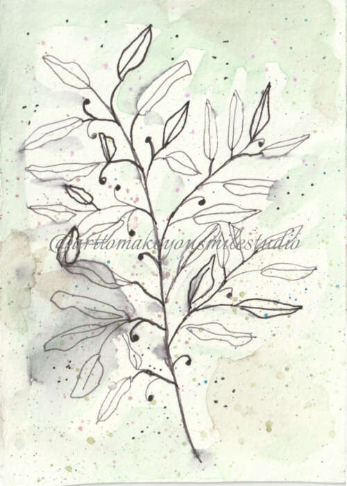 Botanical Harmony: Line Art Branch on Watercolor Canvas