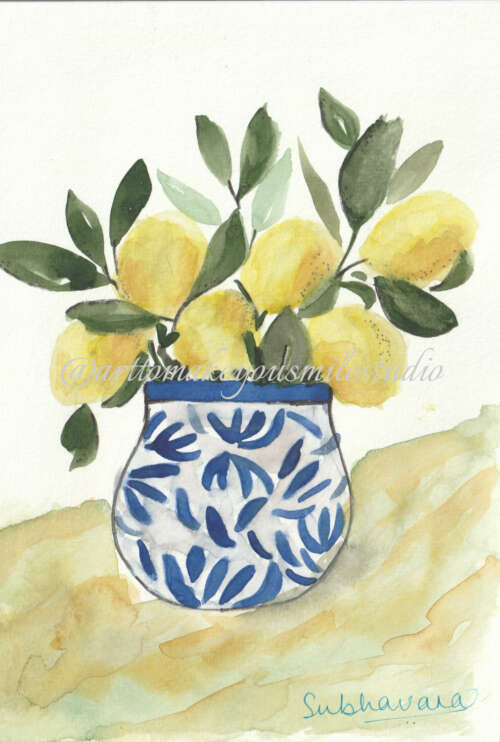 Citrus Serenade: A Watercolor Still Life by Subhavana